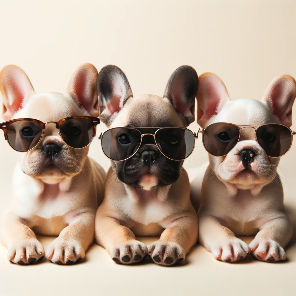 Photo of three French Bulldog puppies lying side by side on a cream background. Each puppy is wearing sunglasses, looking relaxed and adorable